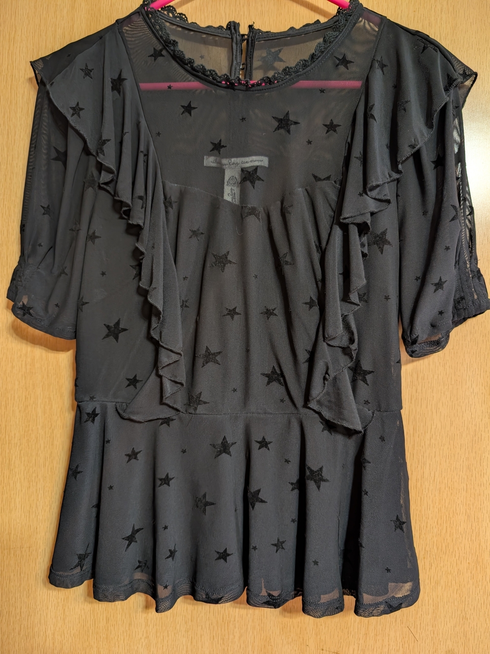 American Rag- Black Star Print- Ruffle Sheer- Lined Peplum Blouse